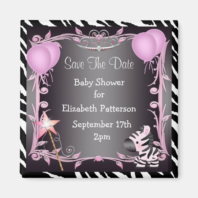 Pink Princess Zebra Baby Dusche Save the Date Magnet (Vorne)
