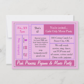 Pink Prinzessin Pajama und Movie Party Einladung