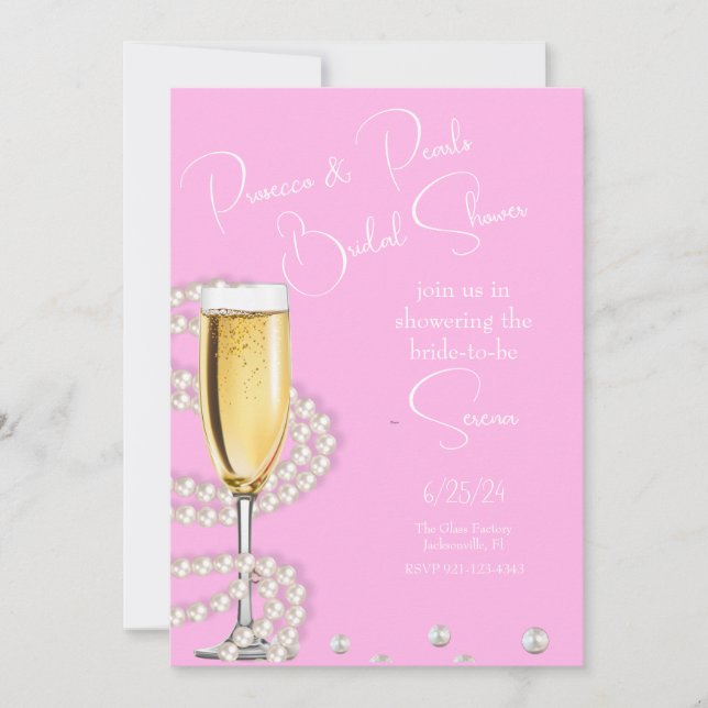 Pink Prosecco und Pearls Brautparty Einladung (Vorderseite)