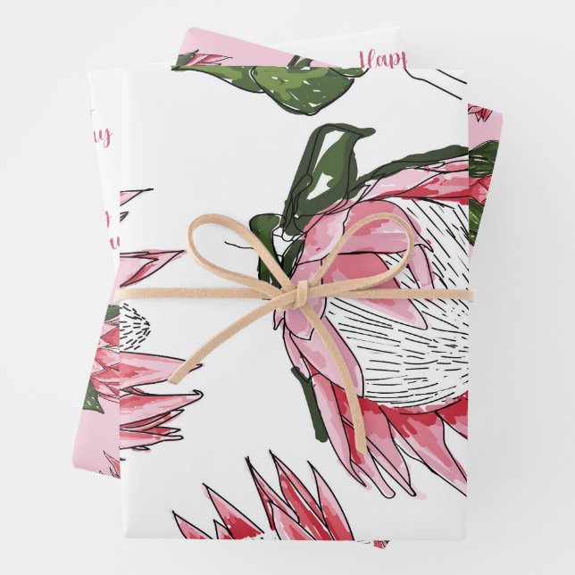 Pink Protea Aquarell Wrapping Paper Set 3 Geschenkpapier Set (Beispiel)