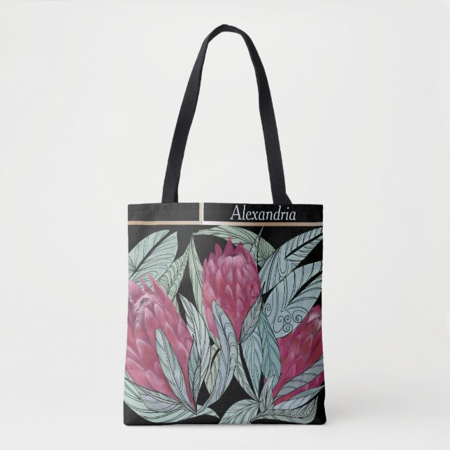 Pink Protea Blume Grünblatt Tasche (Vorderseite)