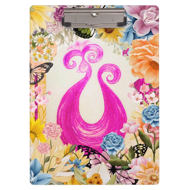 Pink Pum Peacock mit bunten Blume Klemmbrett (Vorderseite)