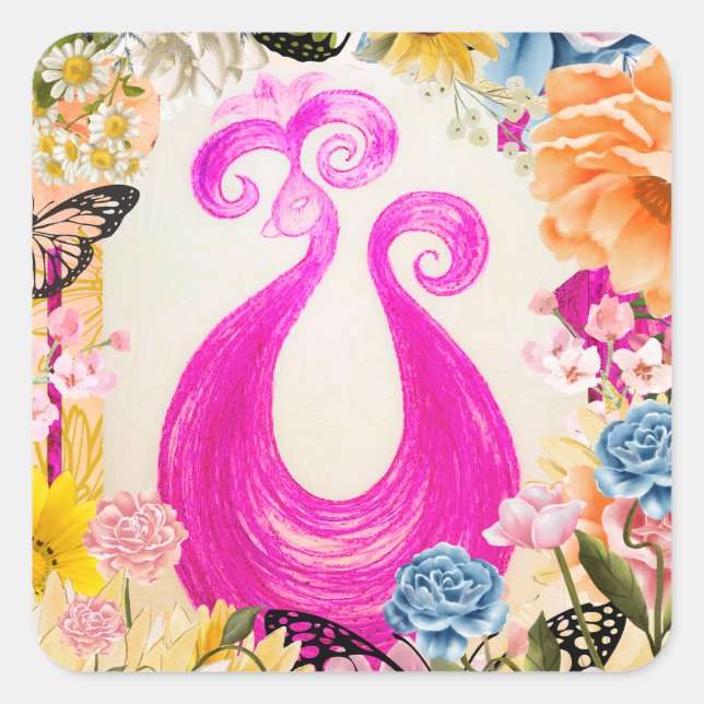Pink Pum Peacock mit bunten Blume Quadratischer Aufkleber (Vorderseite)