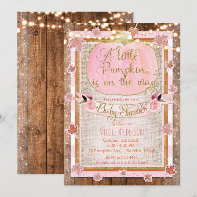 Pink Pumpkin & Autumn belässt rustikale Babydusche Einladung (Vorne/Hinten)