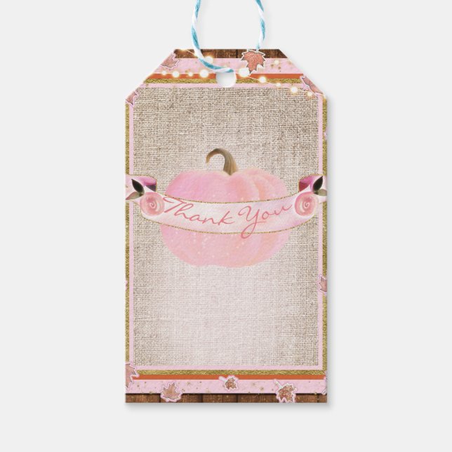 Pink Pumpkin & Autumn belässt rustikale Babydusche Geschenkanhänger (Vorderseite)