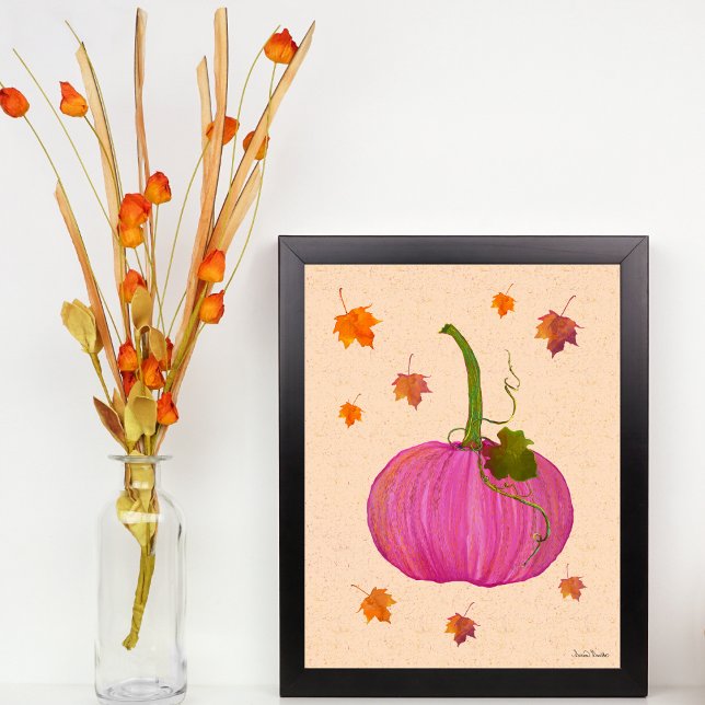Pink Pumpkin Autumn Leaves Poster (Pretty Pink Pumpkin with fall leaves in watercolor.)