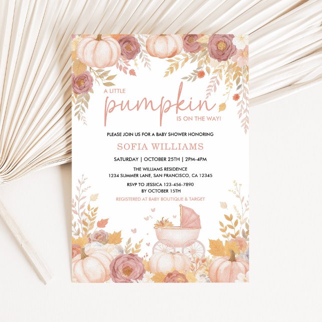 Pink Pumpkin Baby Dusche Einladung Girl Fall (Little Pumpkin Baby Shower Invitation in Blush and Gold)