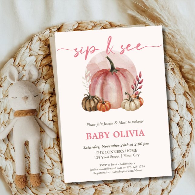 Pink Pumpkin Baby Girl Fall Sip und sehen Sie Gree Einladung (Von Creator hochgeladen)
