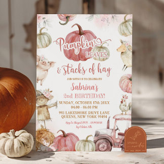 Pink Pumpkin Blätter und Stapel von Hay Birthday Einladung