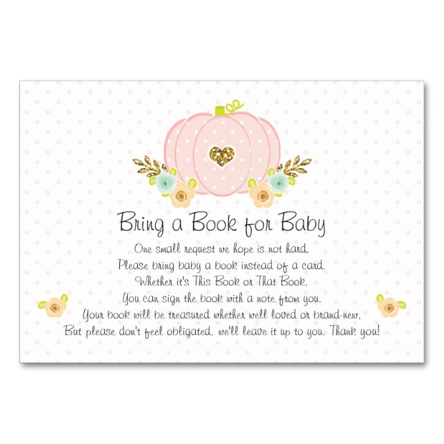 Pink Pumpkin Book Request Baby Showkarten Tischnummer (Vorderseite)
