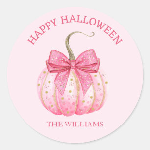 Pink Pumpkin Bow Happy Halloween Personalisiert Runder Aufkleber