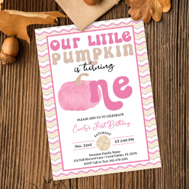 Pink Pumpkin Erster Geburtstag Einladung (Retro Typography Pink Pumpkin Birthday Invitation)