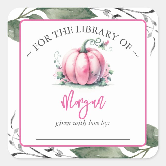Pink Pumpkin Fall Baby Dusche Buchzeichen Quadratischer Aufkleber (Vorderseite)