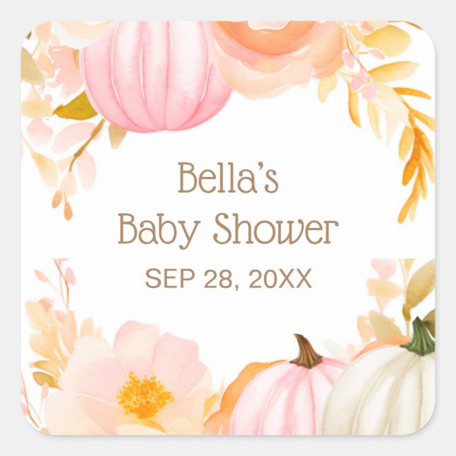 Pink Pumpkin Fall Baby Dusche Quadratischer Aufkleber (Vorderseite)