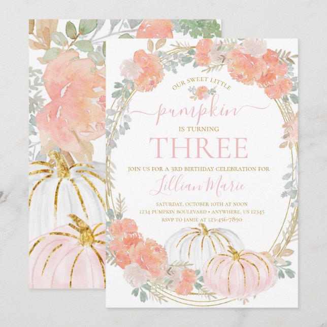 Pink Pumpkin Fall Birthday Einladung (Vorne/Hinten)