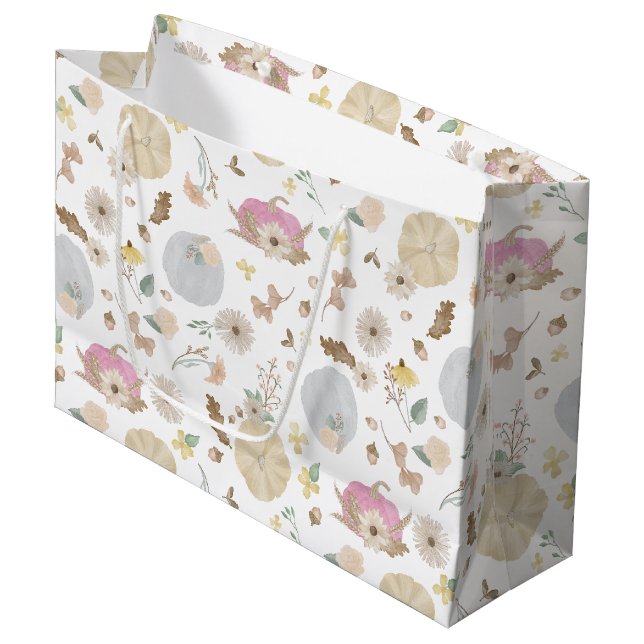 Pink Pumpkin Fall Floral Geschenktasche Große Geschenktüte (Vorderseite Schrägansicht)