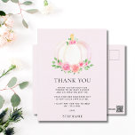 Pink Pumpkin Fall Girl's Baby Shower Danke Postkarte<br><div class="desc">Vielen Dank für Ihre Familie und Ihre Freunde für ihre nachdenklichen Geschenke und für die Anwesenheit der Dusche Ihres kleinen Mädchens mit dieser hübschen Dankeschön-Postkarte. Es ist mit einer hübschen Aquarellfarbe aus rosa Kürbis, Rose und grünem Blattwerk auf einem weichen rosa Hintergrund dekoriert. Einfach angepasst. Original Wasserfarbe © Michele Davies....</div>