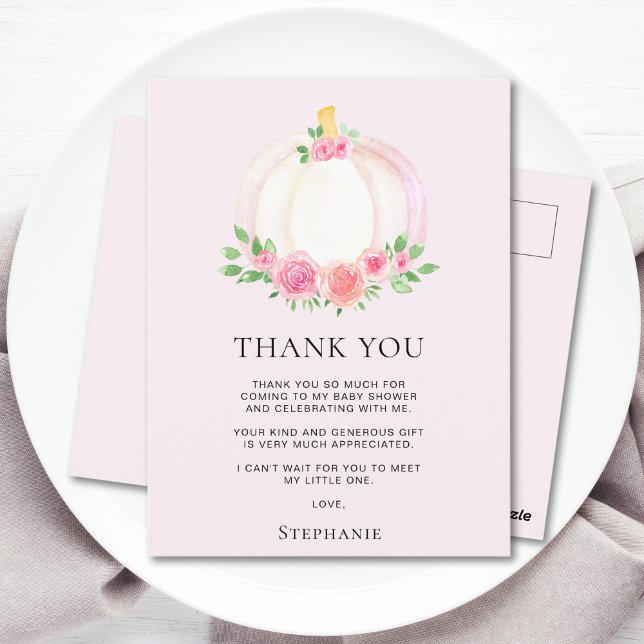 Pink Pumpkin Fall Girl's Baby Shower Danke Postkarte (Von Creator hochgeladen)