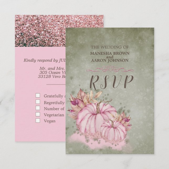 PINK Pumpkin Fall Harvest - Hochzeitskarte RSVP Karte (Vorne/Hinten)