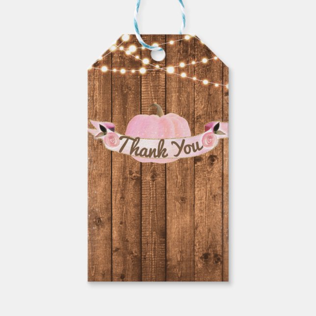 Pink Pumpkin Fall Rustic Wood Lights Brautparty Geschenkanhänger (Vorderseite)