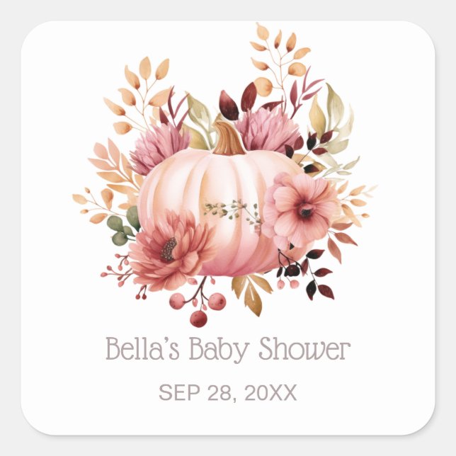 Pink Pumpkin Floral Baby Dusche Quadratischer Aufkleber (Vorderseite)