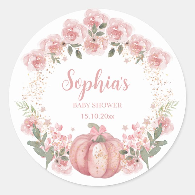 Pink Pumpkin Floral Girl Babydusche Runder Aufkleber (Vorderseite)