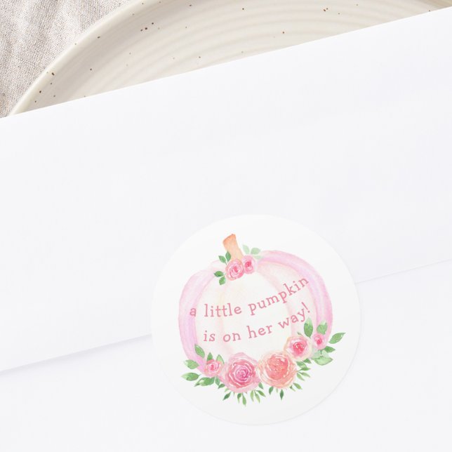 Pink Pumpkin Floral Girl's Baby Shower Runder Aufkleber (Von Creator hochgeladen)