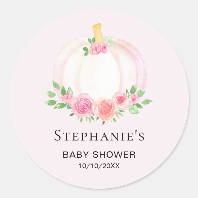 Pink Pumpkin Floral Girls Fall Baby Dusche Runder Aufkleber (Vorderseite)