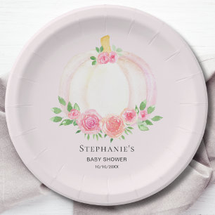 Pink Pumpkin Floral Girl's Fall Baby Shower Pappteller