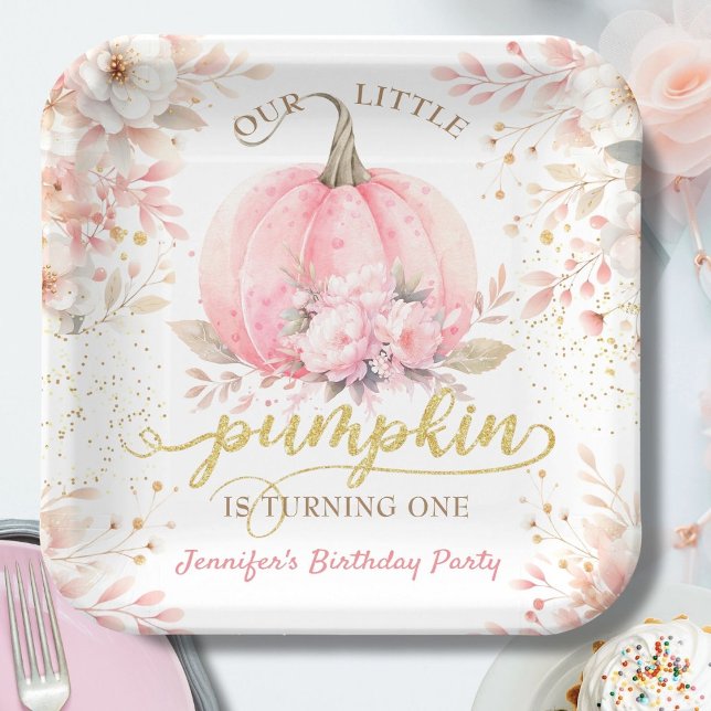 Pink Pumpkin Floral Gold Glitzer Girl 1. Geburtsta Pappteller (Von Creator hochgeladen)