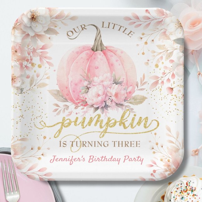 Pink Pumpkin Floral Gold Glitzer Girl 3. Geburtsta Pappteller (Von Creator hochgeladen)