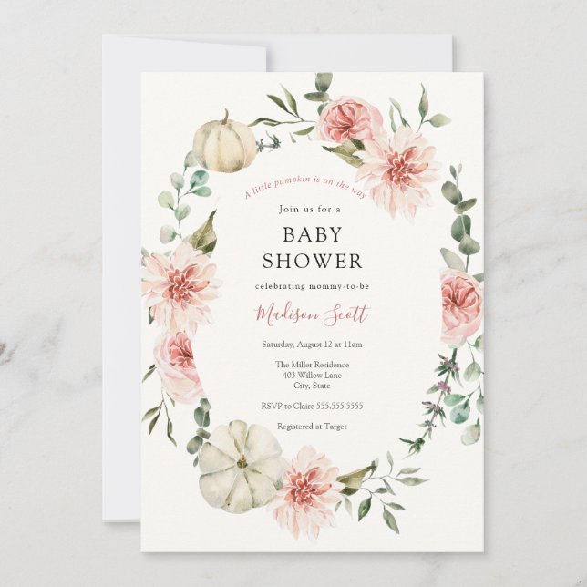 Pink Pumpkin Florals und Greenery Baby Dusche Einladung (Vorderseite)