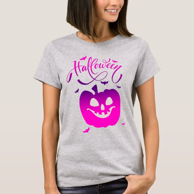 Pink Pumpkin Funny Face Halloween T-Shirt (Vorderseite)