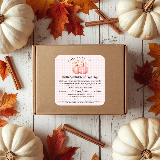 Pink Pumpkin Gingham Bakery Hütte Food Label Quadratischer Aufkleber (Pink Pumpkin and gingham Bakery Cottage law food label)