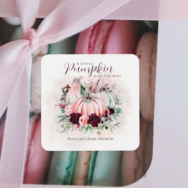 Pink Pumpkin Girl Baby Shower Quadratischer Aufkleber (Von Creator hochgeladen)
