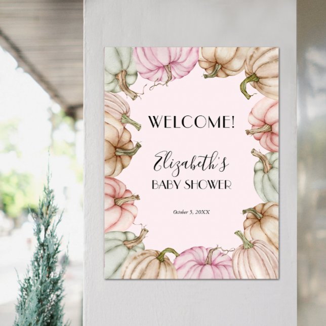 Pink Pumpkin Girl Babydusche Willkommen Poster (Pink Pastel Pumpkin Girl Baby Shower Welcome Poster)