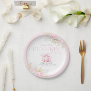 Pink Pumpkin Girl Floral Bow Baby Dusche Pappteller