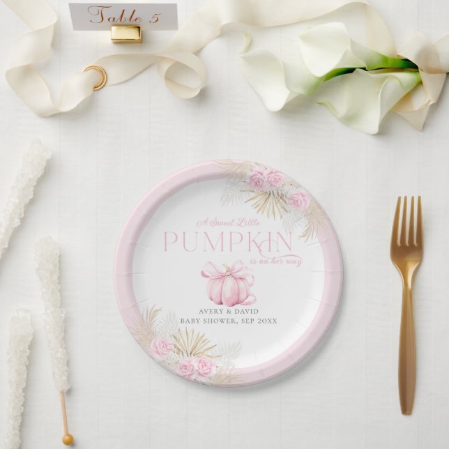 Pink Pumpkin Girl Floral Bow Baby Dusche Pappteller (Hochzeit)
