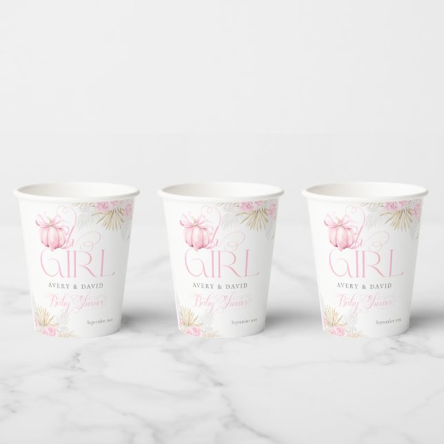 Pink Pumpkin Girl Floral Bow Baby Dusche Willkomme Pappbecher (Multi)