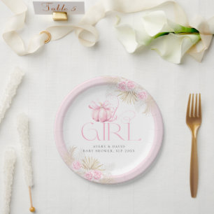 Pink Pumpkin Girl Floral Bow Baby Dusche Willkomme Pappteller
