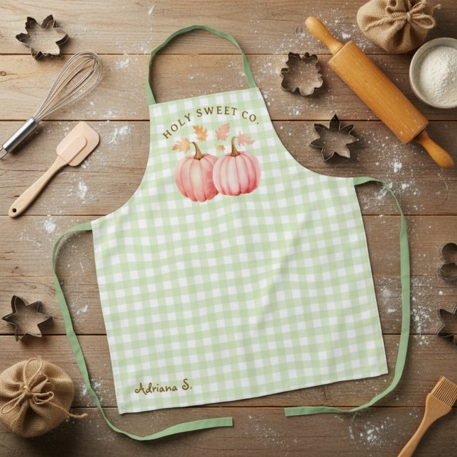 Pink Pumpkin & Green Gingham Konditorei Koch Schürze (Autumn Pink Pumpkin and Green Gingham Baker apron)