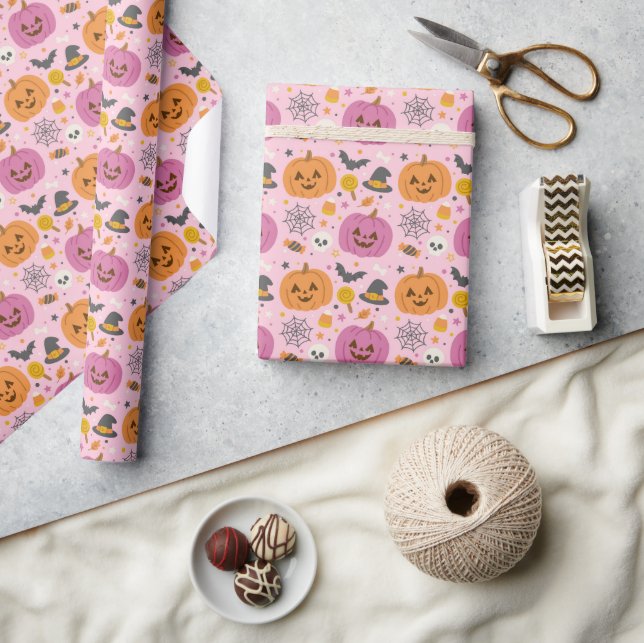 Pink Pumpkin Halloween Pattern Wrapping Paper Roll Geschenkpapier (Kunsthandwerk)