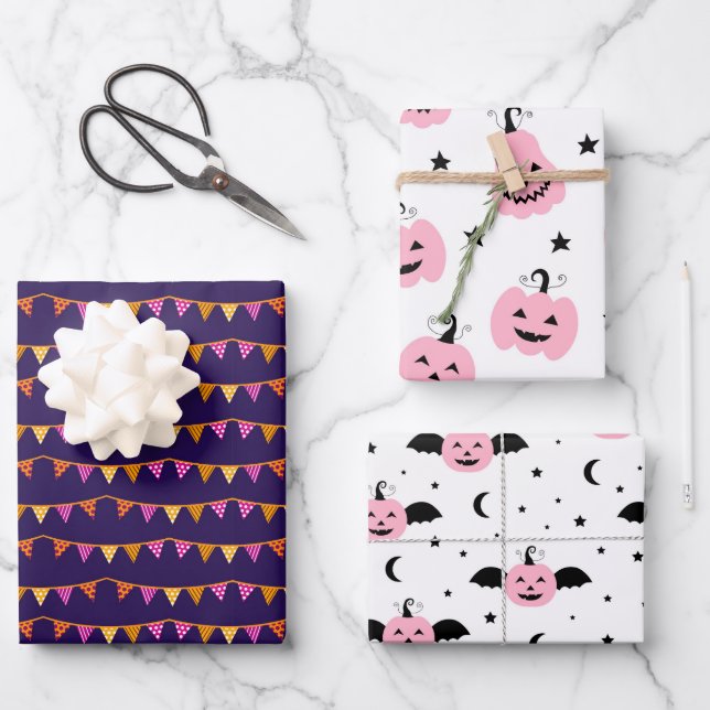 PINK PUMPKIN HALLOWEEN UND FALL PATTERN GESCHENKPAPIER SET (Vorderseite)