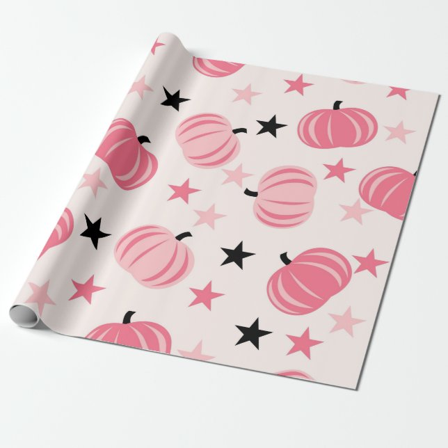 Pink Pumpkin-Muster mit Sternen Geschenkpapier (Ungerollt)