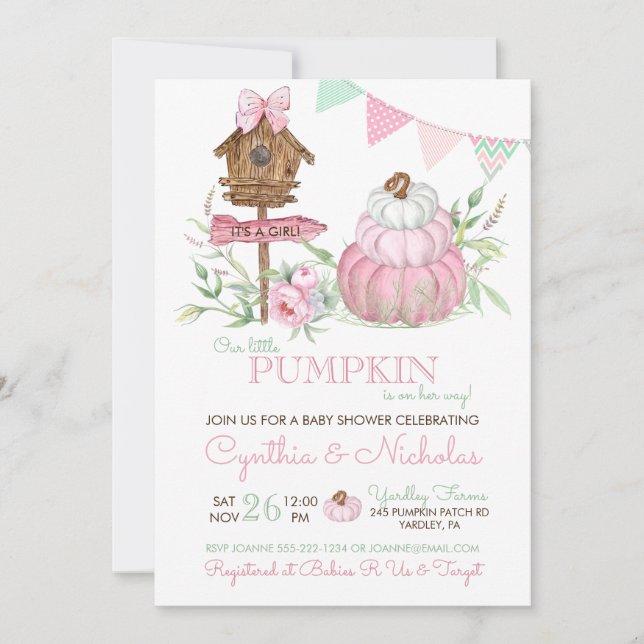 Pink Pumpkin Patch Birdhouse Girl Baby Dusche Einladung (Vorderseite)