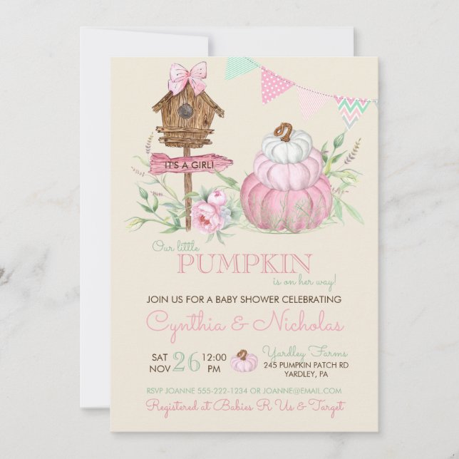 Pink Pumpkin Patch Birdhouse Girl Baby Dusche Einladung (Vorderseite)