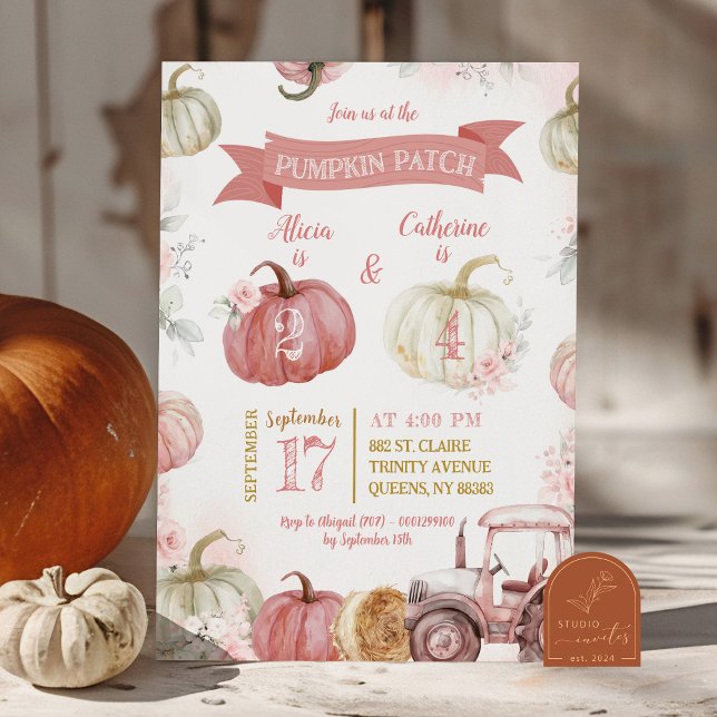 Pink Pumpkin Patch Sibling Girls Joint Birthday Einladung (Von Creator hochgeladen)