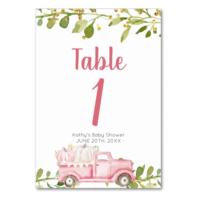 Pink Pumpkin Truck Baby Dusche Tischnummer (Vorderseite)