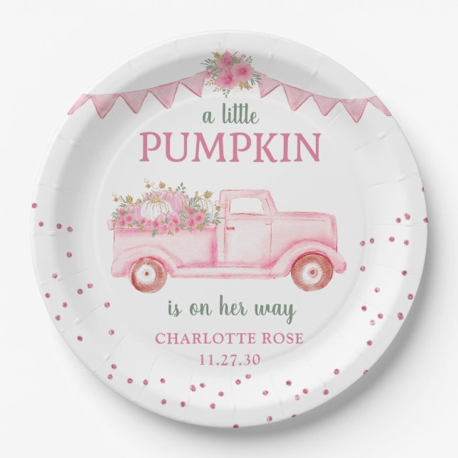 Pink Pumpkin Truck Baby Shower Paper Plate Pappteller (Vorderseite)