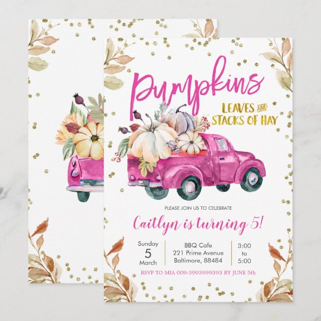 Pink Pumpkin Truck Birthday Einladung (Vorne/Hinten)
